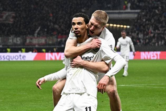 13.03.2025, xjhx, Fussball UEFA Europa League, Eintracht Frankfurt - Ajax Amsterdam v.l. Torjubel nach dem Tor zum celebrating the goal celebrate 3:0 durch Hugo Ekitike (Eintracht Frankfurt) (DFL DFB REGULATIONS PROHIBIT ANY USE OF PHOTOGRAPHS as IMAGE SEQUENCES and or QUASI-VIDEO) Frankfurt am Main
