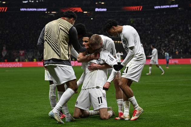 13.03.2025, xjhx, Fussball UEFA Europa League, Eintracht Frankfurt - Ajax Amsterdam v.l. Torjubel nach dem Tor zum celebrating the goal celebrate 3:0 durch Hugo Ekitike (Eintracht Frankfurt) (DFL DFB REGULATIONS PROHIBIT ANY USE OF PHOTOGRAPHS as IMAGE SEQUENCES and or QUASI-VIDEO) Frankfurt am Main