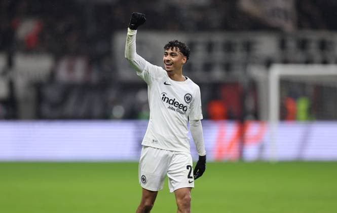13.03.2025, Fussball UEFA Europa League, Eintracht Frankfurt - Ajax AFC Amsterdam, emonline, emspor, v.l., Nathaniel Brown (Eintracht Frankfurt) jubelnd bejubelt jubelt jubeln DFL DFB REGULATIONS PROHIBIT ANY USE OF PHOTOGRAPHS AS IMAGE SEQUENCES AND OR QUASI-VIDEO. xdcx Copyright: HMBxMedia Claus