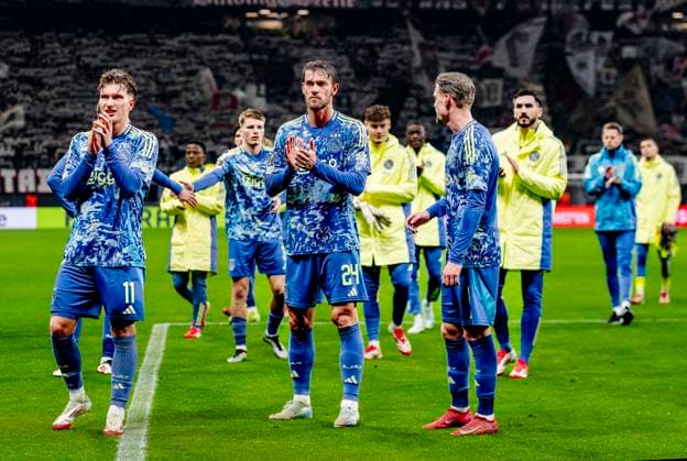AFC Ajax Amsterdam defender Daniele Rugani, AFC Ajax Amsterdam midfielder Kenneth Taylor dejected after the lost game during the match Eintracht - Ajax at the for the UEFA Europa League - Round of 16 - 2st leg season 2024-2025 in FRANKFURT, Germany on 13 march 2025, (photo by Marcel van Dorst EYE4images DeFodi Images)