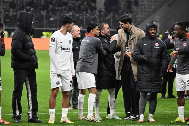 13.03.2025, xjhx, Fussball UEFA Europa League, Eintracht Frankfurt - Ajax Amsterdam v.l. Jubel, Freude über den Sieg Mahmoud Dahoud (Eintracht Frankfurt) Mario Götze Goetze (Eintracht Frankfurt) Igor Matanovic (Eintracht Frankfurt) (UEFA REGULATIONS PROHIBIT ANY USE OF PHOTOGRAPHS as IMAGE SEQUENCES and or QUASI-VIDEO) Frankfurt am Main