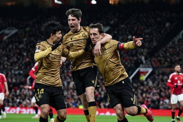 UEFA Europa League Last 16 Manchester United, ManU v Real Sociedad Mikel Oyarzabal of Real Sociedad celebrates his goal to make it 0-1 during the UEFA Europa League Last 16 match Manchester United vs Real Sociedad at Old Trafford, Manchester, United Kingdom, 13th March 2025 (Photo by Craig Thomas News Images) Manchester Old Trafford Greater Manchester United Kingdom Copyright: xCraigxThomas NewsxImagesx