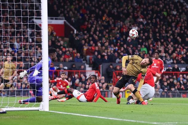 Football - UEFA Champions League - Round of 16 (2nd Leg) - Manchester United, ManU v Real Sociedad 13th March 2025 - UEFA Europa League - Round of 16 (2nd Leg) - Manchester United v Real Sociedad - Matthijs de Ligt of Manchester United fouls Mikel Oyarzabal of Real Sociedad to concede a penalty - Photo: Simon Stacpoole Offside. Manchester UK Copyright: xSimonxStacpoolexOffside