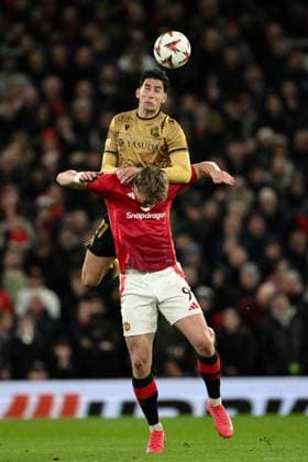 UEFA Europa League Last 16 Manchester United, ManU v Real Sociedad Nayef Aguerd of Real Sociedad fouls Rasmus Hojlund of Manchester United during the UEFA Europa League Last 16 match Manchester United vs Real Sociedad at Old Trafford, Manchester, United Kingdom, 13th March 2025 (Photo by Craig Thomas News Images) Manchester Old Trafford Greater Manchester United Kingdom Copyright: xCraigxThomas NewsxImagesx