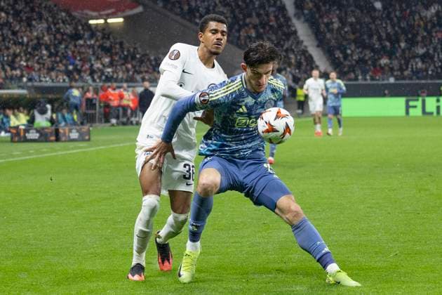 RECORD DATE NOT STATED UEFA Europa League: Eintracht Frankfurt - Ajax Amsterdam, 13.03.2025 Ansgar Knauff (Eintracht Frankfurt 36) & Ahmetcan Kaplan (Ajax Amsterdam 13) im Zweikampf um den Ball, Eintracht Frankfurt - Ajax Amsterdam, Frankfurt, Deutsche Bank Park, 13.3.2025 Copyright: xBEAUTIFULxSPORTS Gawlikx