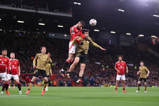Football - UEFA Champions League - Round of 16 (2nd Leg) - Manchester United, ManU v Real Sociedad 13th March 2025 - UEFA Europa League - Round of 16 (2nd Leg) - Manchester United v Real Sociedad - Noussair Mazraoui of Manchester United battles with Pablo Marin of Real Sociedad - Photo: Simon Stacpoole Offside. Manchester UK Copyright: xSimonxStacpoolexOffside