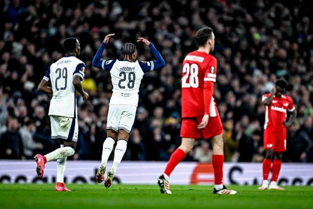 Tottenham Hotspur midfielder Wilson Odobert celebrating the goal 1-0, during the match Tottenham Hotspur - AZ at the Tottenham Hotspur Stadium for the UEFA Europa League - Round of 16 - 2nd Leg season 2024-2025 in LONDON, Great Britain on 13 march 2025, (photo by Stefan Koops EYE4images DeFodi Images)