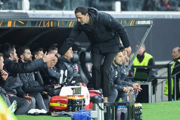 UEFA Europa League - Eintracht Frankfurt - Ajax Amsterdam am 13.03.2025 im Deutsche Bank Park in Frankfurt Schlussjubel bei Trainer Dino Toppmöller Toppmoeller Toppmoller (Frankfurt)