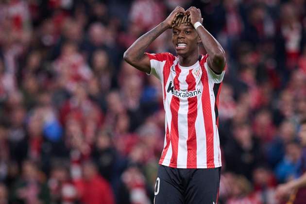 Athletic de Bilbao s Nico Williams rejected during UEFA Europa League 2024 2025 Round of 16 2nd leg match. March 13,2025. (20250313100)