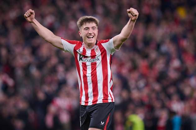 Athletic de Bilbao s Mikel Jauregizar celebrates a goal during UEFA Europa League 2024 2025 Round of 16 2nd leg match. March 13,2025. (2025031396)