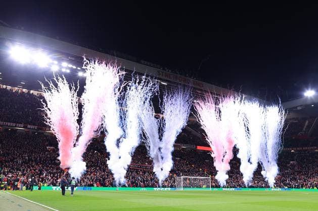 Football - UEFA Champions League - Round of 16 (2nd Leg) - Manchester United, ManU v Real Sociedad 13th March 2025 - UEFA Europa League - Round of 16 (2nd Leg) - Manchester United v Real Sociedad - Fireworks and pyrotechnics are set off before the match - Photo: Simon Stacpoole Offside. Manchester UK Copyright: xSimonxStacpoolexOffside