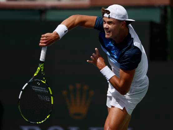 March 13, 2025 Holger Rune (DEN) serves against Tallon Griekspoor (NED) during the 2025 BNP Paribas Open at Indian Wells Tennis Garden in Indian Wells, California. Mandatory Photo Credit: CSM Indian Wells United States of America - ZUMAc04_ 20250313_zma_c04_186 Copyright: xCharlesxBausx