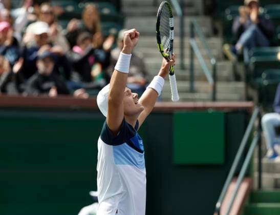 March 13, 2025 Holger Rune (DEN) reacts to winning match point against Tallon Griekspoor (NED) during the 2025 BNP Paribas Open at Indian Wells Tennis Garden in Indian Wells, California. Mandatory Photo Credit: CSM Indian Wells United States of America - ZUMAc04_ 20250313_zma_c04_167 Copyright: xCharlesxBausx
