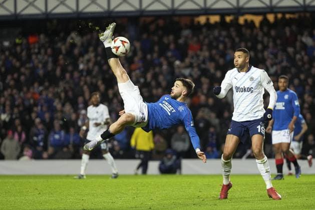 Nicolas Raskin of Rangers shoots at goal but fails to score from an overhead kick Rangers v Fenerbahce, UEFA Europa League, Round of 16, Second Leg, Football, Ibrox Stadium, Glasgow, Scotland, UK - 13 Mar 2025 EDITORIAL USE ONLY No use with unauthorised audio, video, data, fixture lists, club league logos or live services. Online in-match use limited to 120 images, no video emulation. No use in betting, games or single club league player publications.  Copyright: xStuartxWallace Shutterstockx 15188226cz