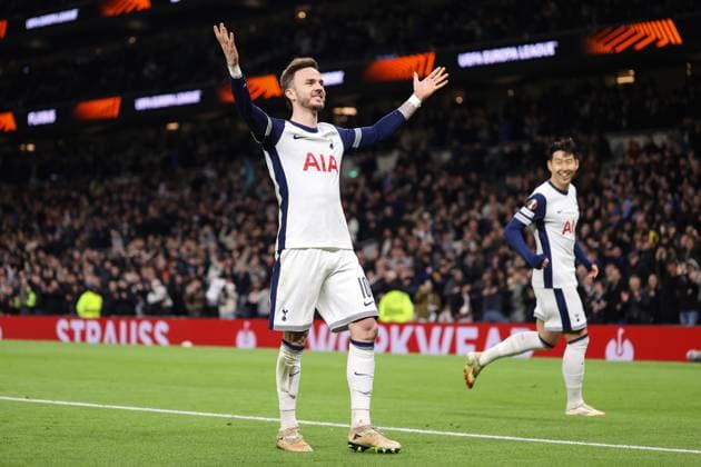 Tottenham Hotspur v AZ Alkmaar 13 March 2025, London - UEFA Europa League - Round of 16 - Second Leg - Tottenham Hotspur v AZ Alkmaar - James Maddison of Tottenham Hotspur celebrates their second goal - Photo: Jacques Feeney Offside. London UK Copyright: xJacquesxFeeneyx xOffsidexOffside