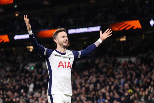 Tottenham Hotspur v AZ Alkmaar 13 March 2025, London - UEFA Europa League - Round of 16 - Second Leg - Tottenham Hotspur v AZ Alkmaar - James Maddison of Tottenham Hotspur celebrates their second goal - Photo: Jacques Feeney Offside. London UK Copyright: xJacquesxFeeneyx xOffsidexOffside