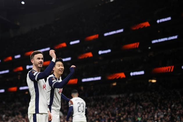 Tottenham Hotspur v AZ Alkmaar 13 March 2025, London - UEFA Europa League - Round of 16 - Second Leg - Tottenham Hotspur v AZ Alkmaar - James Maddison of Tottenham Hotspur celebrates their second goal with Son Heung-Min of Tottenham Hotspur - Photo: Jacques Feeney Offside. London UK Copyright: xJacquesxFeeneyx xOffsidexOffside