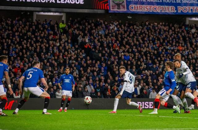 13th March 2025; Ibrox Stadium, Glasgow, Scotland; UEFA Europa League Last 16 Second Leg Football, Rangers versus Fenerbahce; Sebastian Szymanski of Fenerbahce shoots and scores in the 73rd minute making it 2-0  ActionPlus12760063 VagelisxGeorgariou
