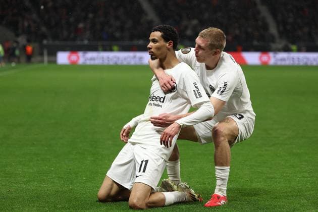 2025.03.13 xJAx UEFA EUROPA LEAGUE Eintracht Frankfurt - AFC Ajax Amsterdam v.l.,Hugo Ekitike (Eintracht Frankfurt), Rasmus Kristensen (Eintracht Frankfurt) Torjubel, Goal celebration, celebrate the goal (DFL DFB REGULATIONS PROHIBIT ANY USE OF PHOTOGRAPHS as IMAGE SEQUENCES and or QUASI-VIDEO) Copyright: JoaquimxFerreira