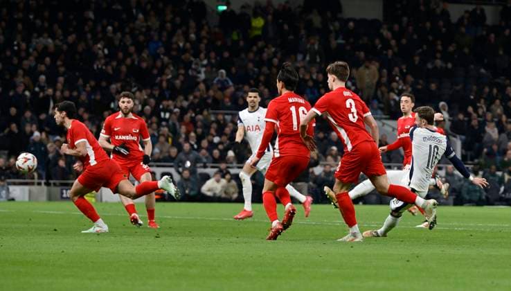 Tottenham Hotspur V AZ Alkmaar, Europa Conference League. GOAL. James Maddison (Spurs) scores the second Spurs goal during the Tottenham Hotspur V AZ Alkmaar UEFA Europa Conference League match at the Tottenham Hotspur Stadium, London. Tottenham Tottenham Hotspur Stadium UK Copyright: xMartinxDaltonx Spurs_v_AZAlkmaar_130315_MD_030