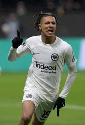 Jean-Matteo Bahoya. jubelt über sein Tor zum 1:0 fotografiert beim Fußball Euro League Spiel Eintracht Frankfurt gegen Ajax. Amsterdam. am 13.3.2025 in Frankfurt. (DFL DFB REGULATIONS PROHIBIT ANY USE OF PHOTOGRAPHS as IMAGE SEQUENCES and or QUASI-VIDEO)