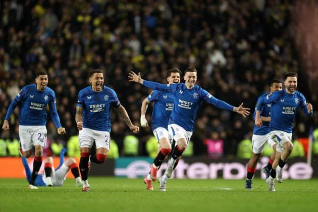 Rangers players celebrate after winning the penalty shoot out during the Europa League last 16 match at Ibrox Stadium, Glasgow. Rangers v Fenerbahce, UEFA Europa League, Round of 16, Second Leg, Football, Ibrox Stadium, Glasgow, Scotland, UK - 13 Mar 2025 EDITORIAL USE ONLY No use with unauthorised audio, video, data, fixture lists, club league logos or live services. Online in-match use limited to 120 images, no video emulation. No use in betting, games or single club league player publications.  Copyright: xO Rourke RangersxFC Shutterstockx 15196580ah
