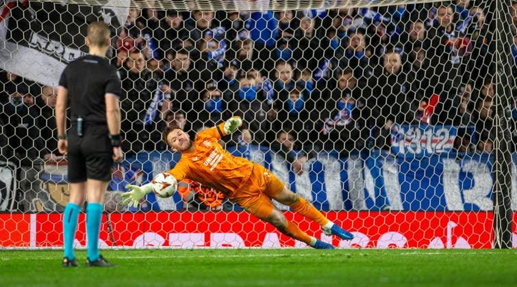 13th March 2025; Ibrox Stadium, Glasgow, Scotland; UEFA Europa League Last 16 Second Leg Football, Rangers versus Fenerbahce; Jack Butland of Rangers saves during the penalty shootout  ActionPlus12760114 VagelisxGeorgariou