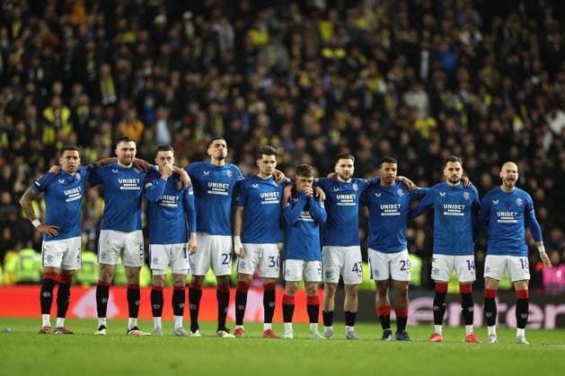 Rangers players look on as Mert Hakan Yandas of Fenerbahce takes his penalty kick as hits over the cross bar during the Europa League last 16 match at Ibrox Stadium, Glasgow. Rangers v Fenerbahce, UEFA Europa League, Round of 16, Second Leg, Football, Ibrox Stadium, Glasgow, Scotland, UK - 13 Mar 2025 EDITORIAL USE ONLY No use with unauthorised audio, video, data, fixture lists, club league logos or live services. Online in-match use limited to 120 images, no video emulation. No use in betting, games or single club league player publications.  Copyright: xO Rourke RangersxFC Shutterstockx 15196580bj