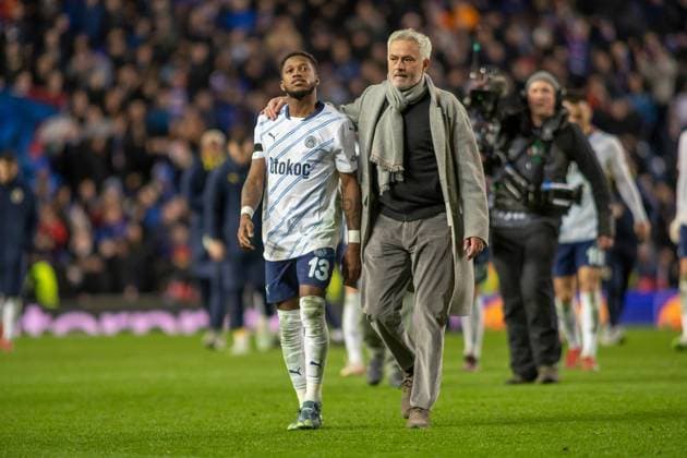 Rangers v Fenerbahce Europa League 13 03 2025. Fenerbahce Head Coach, JosÃ Mourinho wraps his arm around Fred of Fenerbahce as they walk towards the away supporters during the Europa League 1 4 Final 2nd leg, Rangers vs Fenerbahce at Ibrox Stadium, Glasgow,Scotland, 13 03 2025. Govan Ibrox Stadium Glasgow Scotland Editorial use only , Copyright: xColinxPoultneyx PSI-21628-0035