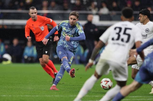 13.03.2025, Fussball UEFA Europa League, Eintracht Frankfurt - Ajax AFC Amsterdam, emonline, emspor, v.l., Goal scored, Tor zum 4:1 durch Kenneth Taylor (Ajax Amsterdam) DFL DFB REGULATIONS PROHIBIT ANY USE OF PHOTOGRAPHS AS IMAGE SEQUENCES AND OR QUASI-VIDEO. xdcx Copyright: HMBxMedia Claus