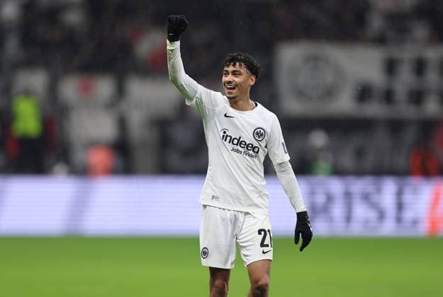 13.03.2025, Fussball UEFA Europa League, Eintracht Frankfurt - Ajax AFC Amsterdam, emonline, emspor, v.l., Nathaniel Brown (Eintracht Frankfurt) jubelnd bejubelt jubelt jubeln DFL DFB REGULATIONS PROHIBIT ANY USE OF PHOTOGRAPHS AS IMAGE SEQUENCES AND OR QUASI-VIDEO. xdcx Copyright: HMBxMedia Claus