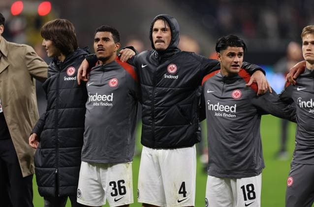 13.03.2025, Fussball UEFA Europa League, Eintracht Frankfurt - Ajax AFC Amsterdam, emonline, emspor, v.l., Ansgar Knauff (Eintracht Frankfurt), Robin Koch (Eintracht Frankfurt), Mahmoud Dahoud (Eintracht Frankfurt) DFL DFB REGULATIONS PROHIBIT ANY USE OF PHOTOGRAPHS AS IMAGE SEQUENCES AND OR QUASI-VIDEO. xdcx Copyright: HMBxMedia Claus