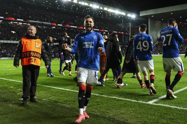 Nedim Bajrami of Rangers celebrates at full-time Rangers v Fenerbahce, UEFA Europa League, Round of 16, Second Leg, Football, Ibrox Stadium, Glasgow, Scotland, UK - 13 Mar 2025 EDITORIAL USE ONLY No use with unauthorised audio, video, data, fixture lists, club league logos or live services. Online in-match use limited to 120 images, no video emulation. No use in betting, games or single club league player publications.  Copyright: xStuartxWallace Shutterstockx 15188226eo