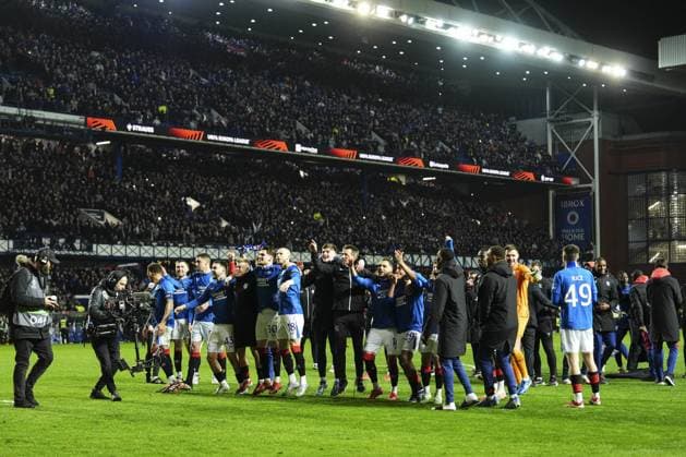 Rangers players celebrate at full-time Rangers v Fenerbahce, UEFA Europa League, Round of 16, Second Leg, Football, Ibrox Stadium, Glasgow, Scotland, UK - 13 Mar 2025 EDITORIAL USE ONLY No use with unauthorised audio, video, data, fixture lists, club league logos or live services. Online in-match use limited to 120 images, no video emulation. No use in betting, games or single club league player publications.  Copyright: xStuartxWallace Shutterstockx 15188226es