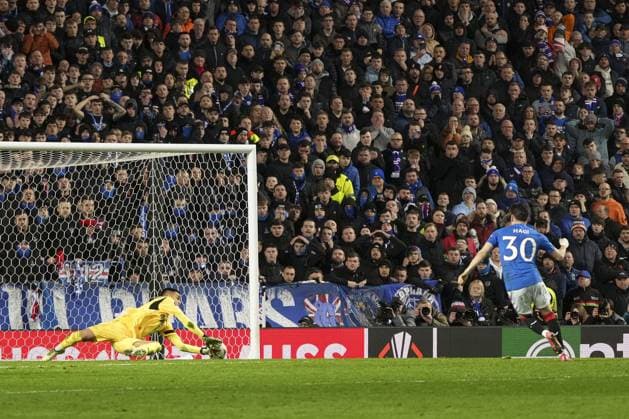 lanis Hagi of Rangers fails to score past Irfan Can Egribayat of Fenerbahce SK during the penalties Rangers v Fenerbahce, UEFA Europa League, Round of 16, Second Leg, Football, Ibrox Stadium, Glasgow, Scotland, UK - 13 Mar 2025 EDITORIAL USE ONLY No use with unauthorised audio, video, data, fixture lists, club league logos or live services. Online in-match use limited to 120 images, no video emulation. No use in betting, games or single club league player publications.  Copyright: xStuartxWallace Shutterstockx 15188226ev