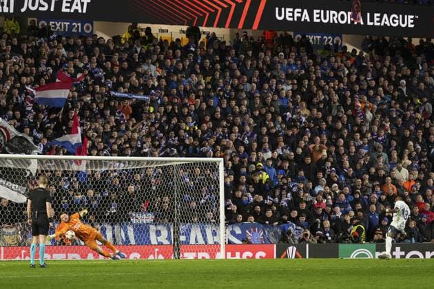 Jack Butland of Rangers saves the penalty from Fred of Fenerbahce SK Rangers v Fenerbahce, UEFA Europa League, Round of 16, Second Leg, Football, Ibrox Stadium, Glasgow, Scotland, UK - 13 Mar 2025 EDITORIAL USE ONLY No use with unauthorised audio, video, data, fixture lists, club league logos or live services. Online in-match use limited to 120 images, no video emulation. No use in betting, games or single club league player publications.  Copyright: xStuartxWallace Shutterstockx 15188226ew
