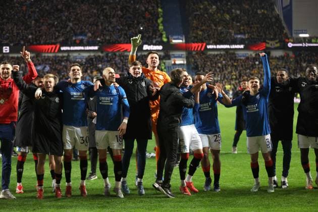 Rangers goalkeeper Jack Butland and his team mates celebrate after winning the penalty shoot out during the Europa League last 16 match at Ibrox Stadium, Glasgow. Rangers v Fenerbahce, UEFA Europa League, Round of 16, Second Leg, Football, Ibrox Stadium, Glasgow, Scotland, UK - 13 Mar 2025 EDITORIAL USE ONLY No use with unauthorised audio, video, data, fixture lists, club league logos or live services. Online in-match use limited to 120 images, no video emulation. No use in betting, games or single club league player publications.  Copyright: xO Rourke RangersxFC Shutterstockx 15196580cg