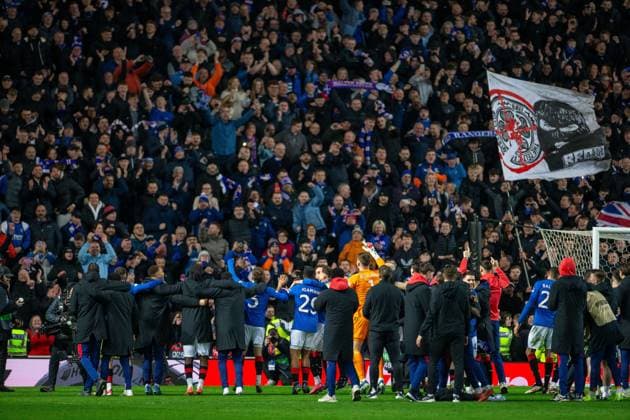 13th March 2025; Ibrox Stadium, Glasgow, Scotland; UEFA Europa League Last 16 Second Leg Football, Rangers versus Fenerbahce; Rangers players celebrate in front of the fans  ActionPlus12760186 VagelisxGeorgariou
