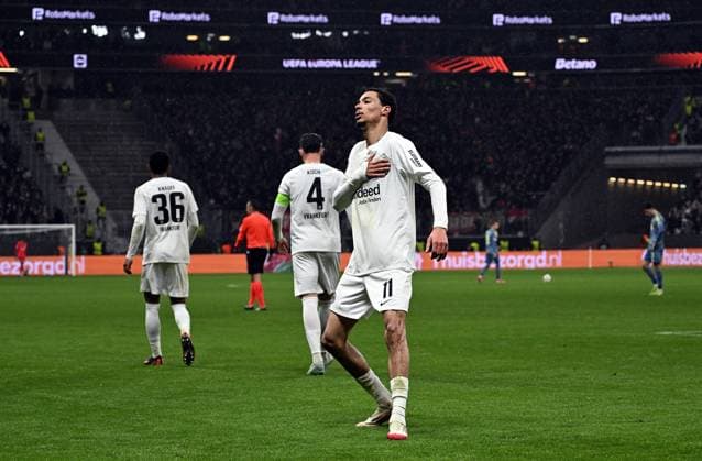 13.03.2025, xjhx, Fussball UEFA Europa League, Eintracht Frankfurt - Ajax Amsterdam v.l. Hugo Ekitike (Eintracht Frankfurt) celebrate the goal, Der Torjubel zum 3:0 (DFL DFB REGULATIONS PROHIBIT ANY USE OF PHOTOGRAPHS as IMAGE SEQUENCES and or QUASI-VIDEO) Frankfurt am Main