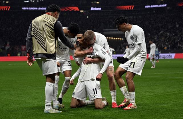13.03.2025, xjhx, Fussball UEFA Europa League, Eintracht Frankfurt - Ajax Amsterdam v.l. Hugo Ekitike (Eintracht Frankfurt) celebrate the goal, Der Torjubel zum 3:0, Rasmus Kristensen (Eintracht Frankfurt), Ansgar Knauff (Eintracht Frankfurt) (DFL DFB REGULATIONS PROHIBIT ANY USE OF PHOTOGRAPHS as IMAGE SEQUENCES and or QUASI-VIDEO) Frankfurt am Main