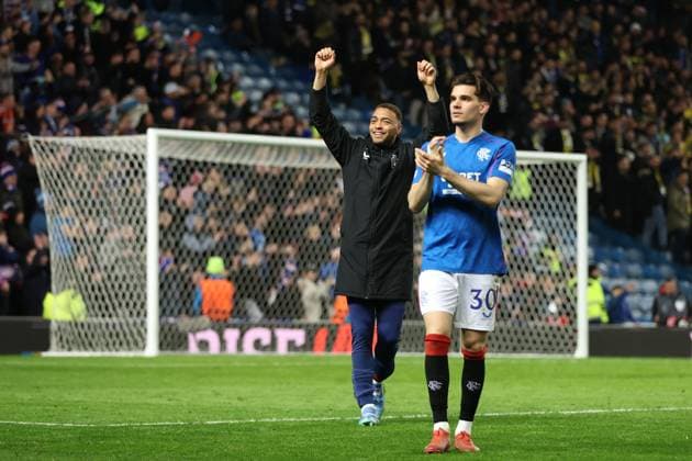 Cyriel Dessers and Ianis Hagi of Rangers celebrate after winning the penalty shoot out during the Europa League last 16 match at Ibrox Stadium, Glasgow. Rangers v Fenerbahce, UEFA Europa League, Round of 16, Second Leg, Football, Ibrox Stadium, Glasgow, Scotland, UK - 13 Mar 2025 EDITORIAL USE ONLY No use with unauthorised audio, video, data, fixture lists, club league logos or live services. Online in-match use limited to 120 images, no video emulation. No use in betting, games or single club league player publications.  Copyright: xO Rourke RangersxFC Shutterstockx 15196580dv