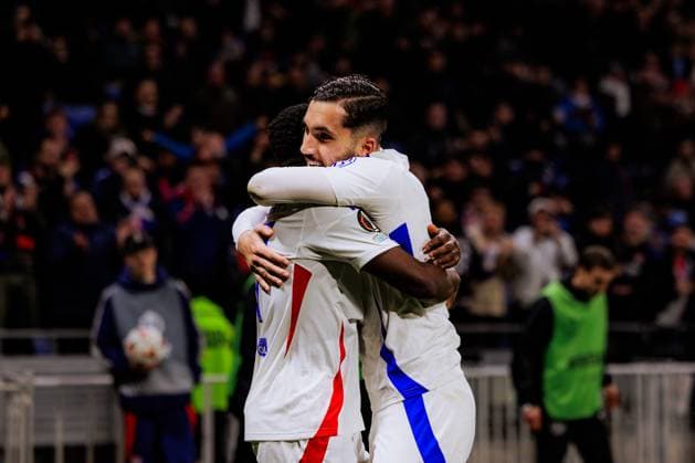 Lyon, France Ernest Nuamah (37 Olympique Lyonnais) and Rayan Cherki (18 Olympique Lyonnais) celebrate the goal during the UEFA Europa League game between Olympique Lyonnais and Fotbal Club FCSB at Groupama Stadium in Lyon, France. (Pauline FIGUET SPP) Copyright: xPaulinexFIGUETx xSPPx spp-en-PaFiSp-PF_OLFCSB2611