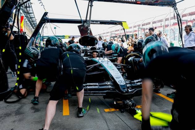 Mercedes-AMG Petronas F1 Team during pit stop practice, F1 Grand Prix of Australia at Albert Park Grand Prix Circuit on March 14, 2025 in Melbourne, Australia. (Photo by HOCH ZWEI) Melbourne Australia