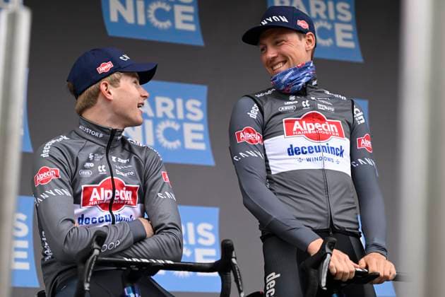Paris - Nice 2025 - stage 6 BERRE L ETANG, FRANCE - MARCH 14 : Del Grosso Tibor (NED) of Alpecin - Deceuninck and Kielich Timo (BEL) of Alpecin - Deceuninck during stage 6 of the 83th edition of the Paris - Nice cycling race, a stage of 209,8km with start in Saint-Julien-en-Saint-Alban and finish in Berre L Etang on March 14, 2025 in Berre L Etang, France, 14 03 2025 ( Motordriver Kenny Verfaillie - Berre L Etang France  Copyright: xNicoxVereeckenx