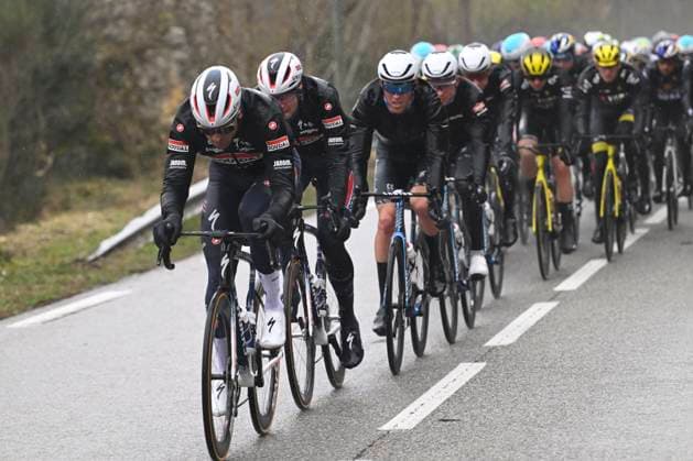 Paris - Nice 2025 - stage 6 BERRE L ETANG, FRANCE - MARCH 14 : riders of Soudal - Quick Step leading the peloton during stage 6 of the 83th edition of the Paris - Nice cycling race, a stage of 209,8km with start in Saint-Julien-en-Saint-Alban and finish in Berre L Etang on March 14, 2025 in Berre L Etang, France, 14 03 2025 ( Motordriver Kenny Verfaillie - Berre L Etang France  Copyright: xNicoxVereeckenx