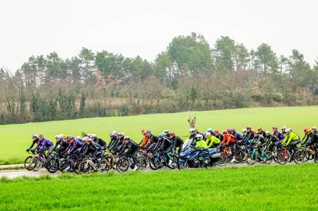 The pack of riders pictured in action during stage six of the 83th edition of the Paris-Nice cycling race, 209,8 km from Saint-Julien-en-Saint-Alban to Berre l Etang, France, Friday 14 March 2025. DAVIDxPINTENS  x114929052x
