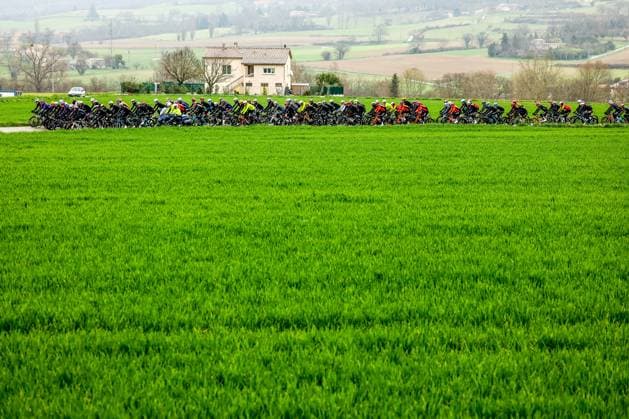 The pack of riders pictured in action during stage six of the 83th edition of the Paris-Nice cycling race, 209,8 km from Saint-Julien-en-Saint-Alban to Berre l Etang, France, Friday 14 March 2025. DAVIDxPINTENS  x114929063x