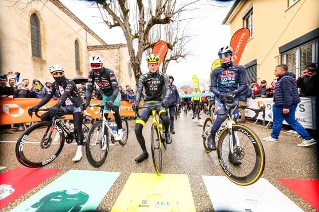 Portuguese Joao Almeida of UAE Team Emirates, Belgian Tim Merlier of Soudal Quick-Step, American Matteo Jorgenson of Team Visma-Lease a Bike and German Florian Lipowitz of RedBull-BORA-hansgrohe pictured on the start of stage six of the 83th edition of the Paris-Nice cycling race, 209,8 km from Saint-Julien-en-Saint-Alban to Berre l Etang, France, Friday 14 March 2025. DAVIDxPINTENS  x114929179x