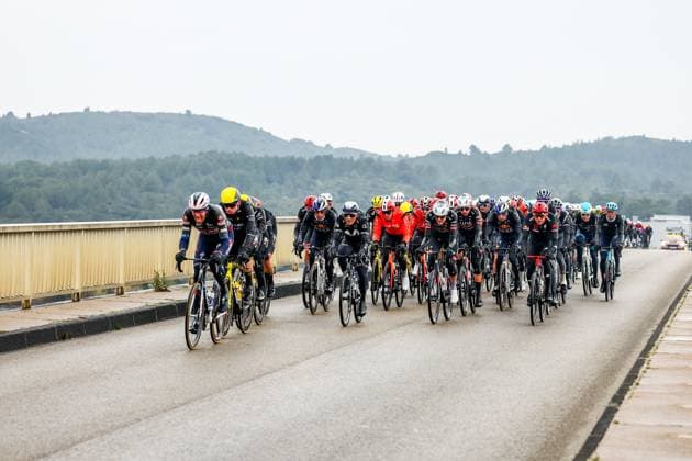 The pack of riders pictured in action during stage six of the 83th edition of the Paris-Nice cycling race, 209,8 km from Saint-Julien-en-Saint-Alban to Berre l Etang, France, Friday 14 March 2025. DAVIDxPINTENS  x114935539x