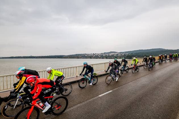 The pack of riders pictured in action during stage six of the 83th edition of the Paris-Nice cycling race, 209,8 km from Saint-Julien-en-Saint-Alban to Berre l Etang, France, Friday 14 March 2025. DAVIDxPINTENS  x114935552x